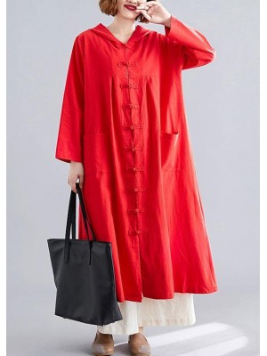 women red overcoat plus size hooded coats pockets Chinese Button coats