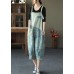 Women Light Blue Pockets Patchwork Jumpsuit Crop Pants