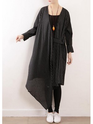 Organic black striped cotton Long Shirts v neck asymmetric Maxi Dresses