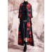 Elegant black patchwork red print oversize long Chinese Button fall coat