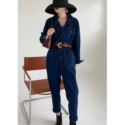 Handmade Blue Peter Pan Collar denim Jumpsuit Spring