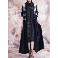 Elegant black print Coats plus size fall v neck patchwork coat